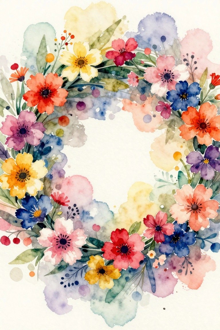 Watercolor floral wreath with vibrant red, yellow, blue, and pink blooms