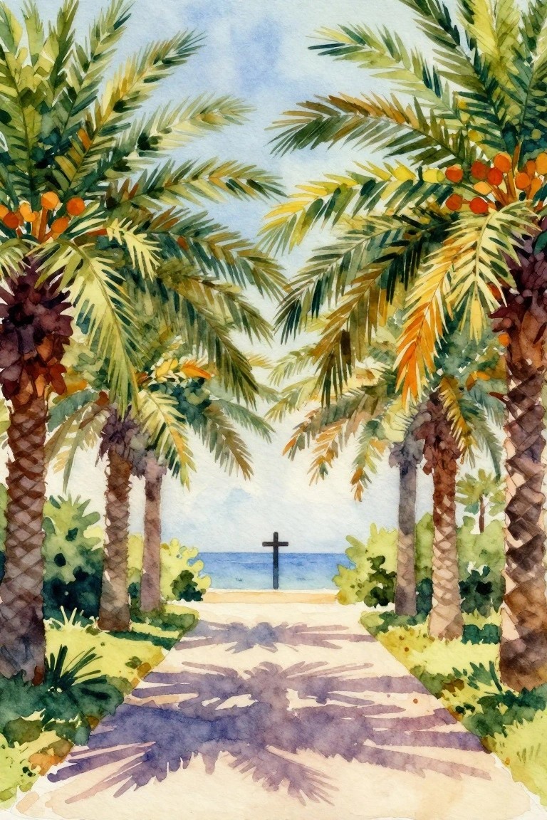 Watercolor of palm-lined sandy path to ocean with distant cross silhouette