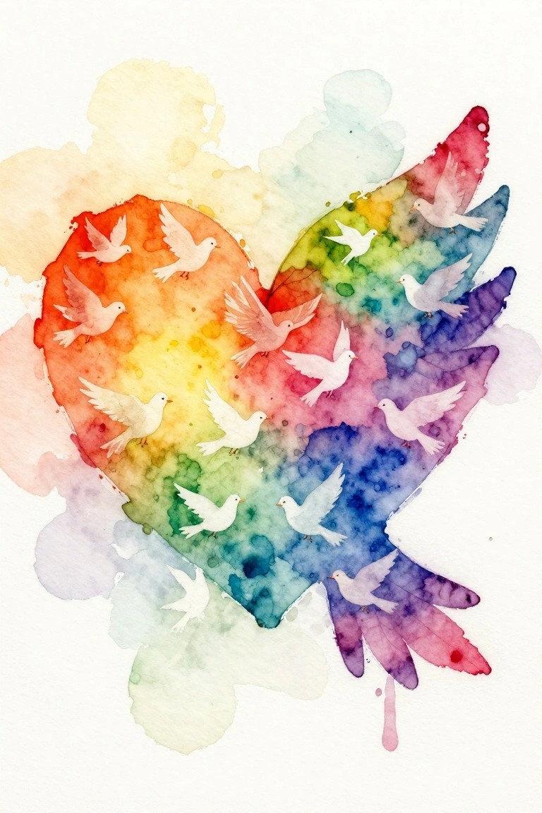 Rainbow watercolor heart-dove with white birds in flight across vibrant splashes.