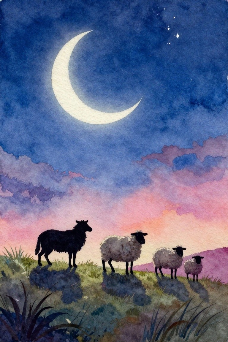 Watercolor scene of black sheep and three white sheep under crescent moon at dusk