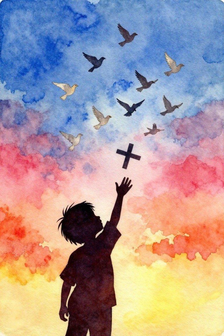 Silhouetted child reaching toward a cross amid birds in a vibrant watercolor sky