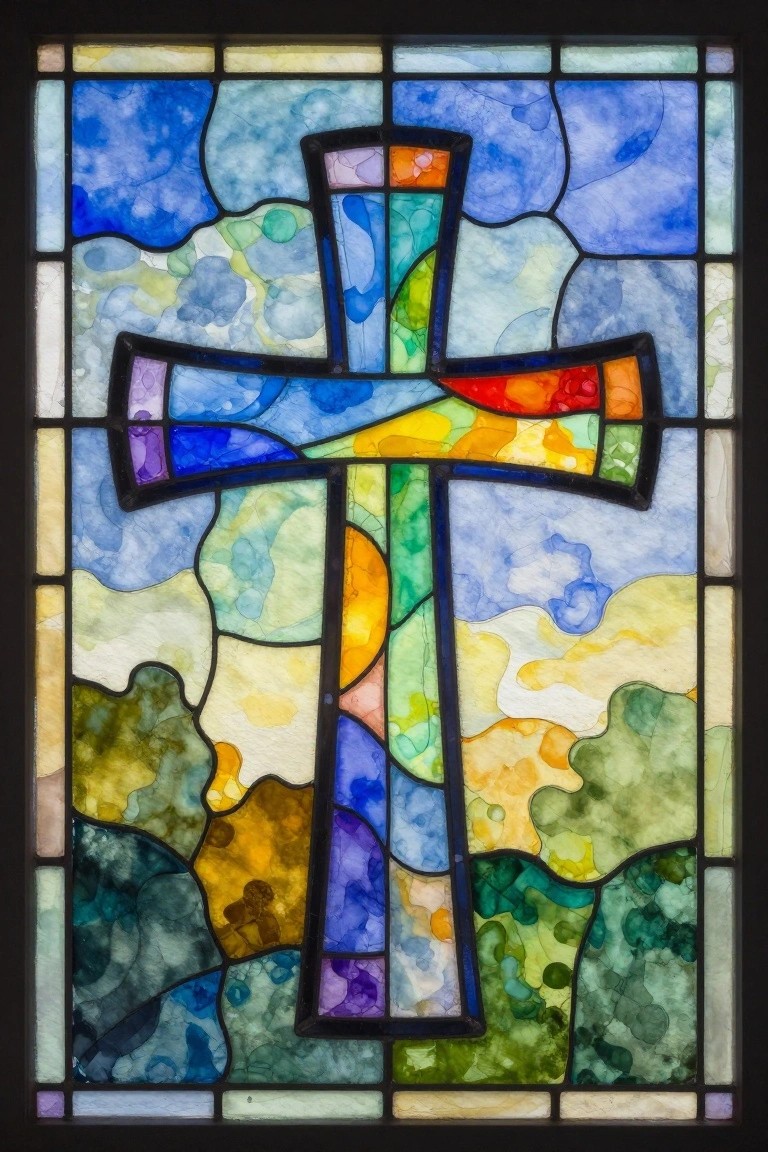 Vibrant stained glass cross in blue, green, yellow and red mosaic panels.