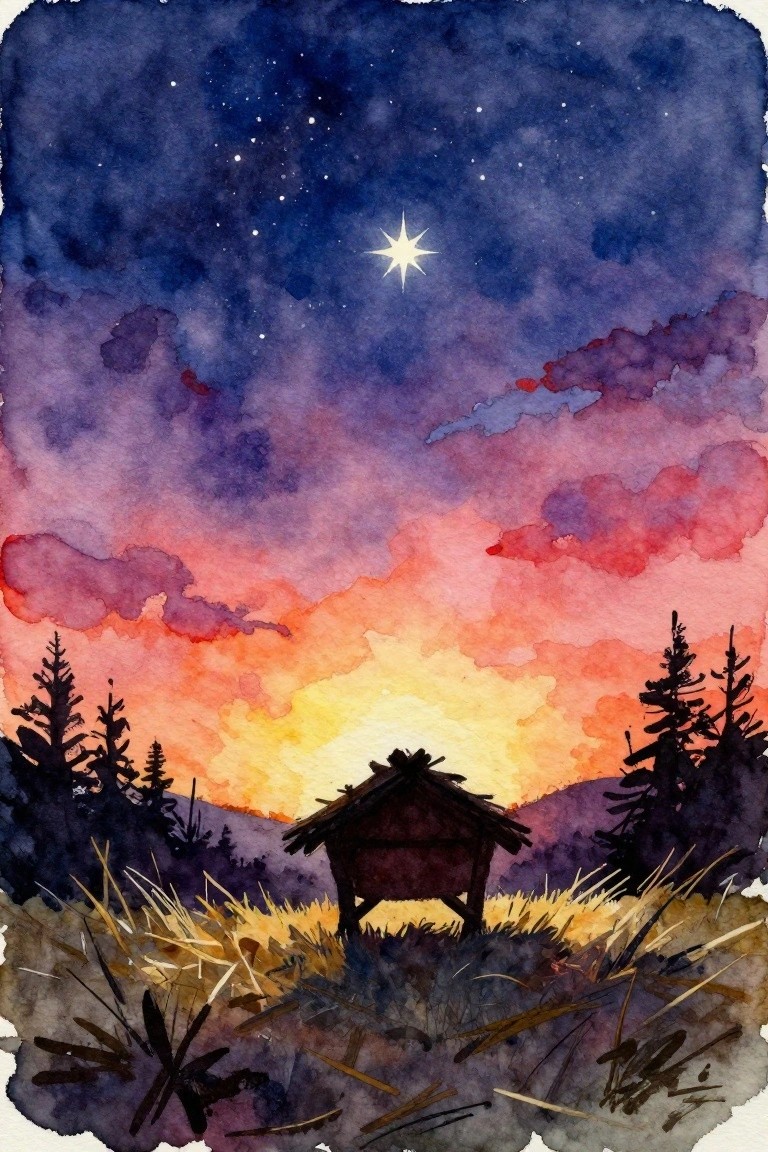 A watercolor painting shows a small wooden stable in a grassy field with pine trees, under a sky blending sunset colors and night blue with one bright star overhead.