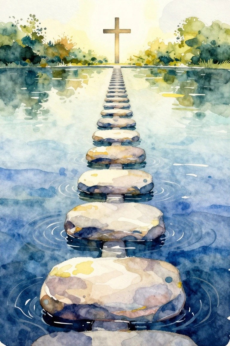 A watercolor painting shows a path of stepping stones crossing blue water toward a cross on the horizon, with green foliage on both sides.