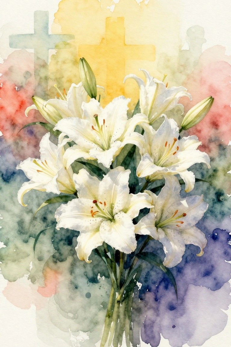 A watercolor-style painting of white lilies with green stems in front of several crosses on a soft multicolored background.