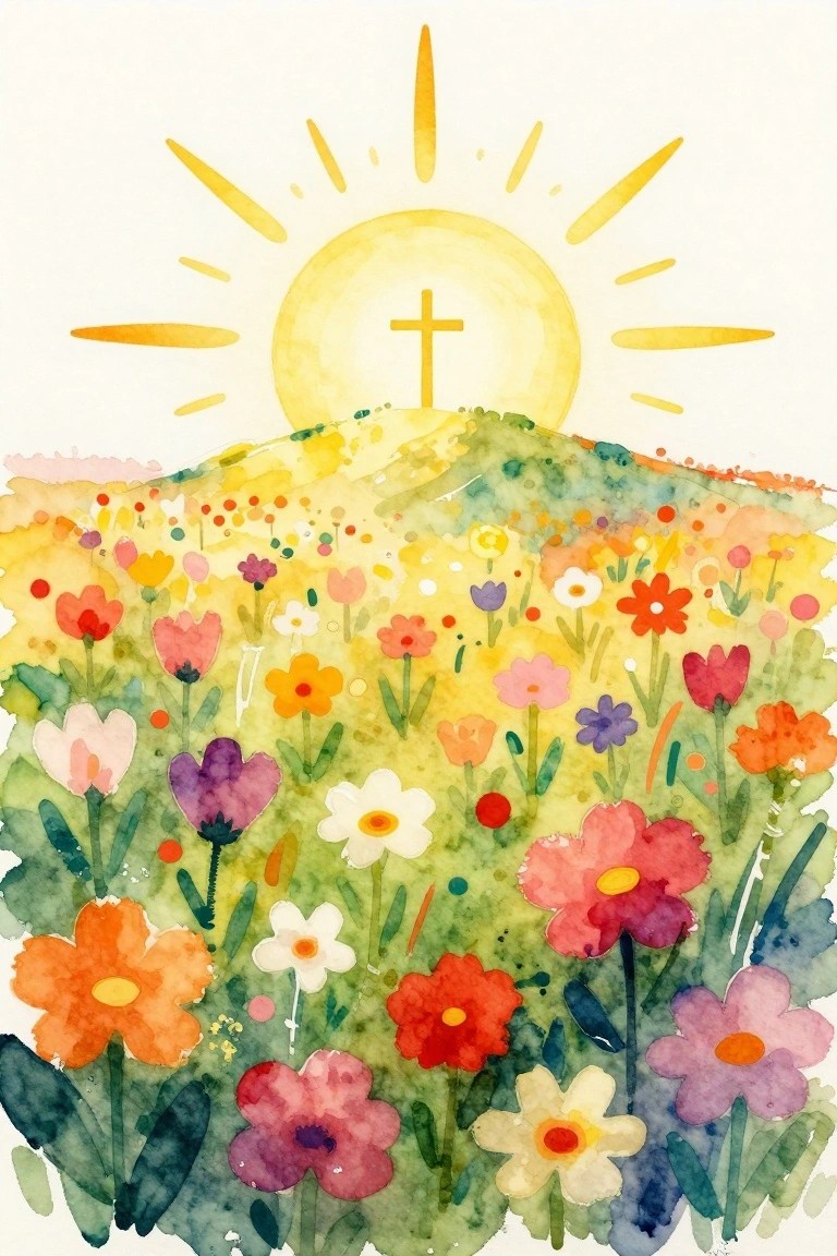 Watercolor of colorful wildflowers blooming on a hill beneath a cross in the sun