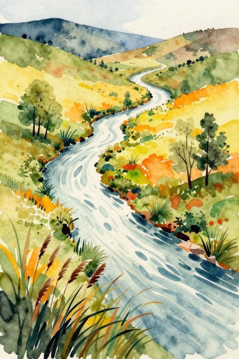Watercolor landscape of winding river through vibrant green, yellow, and orange hills.