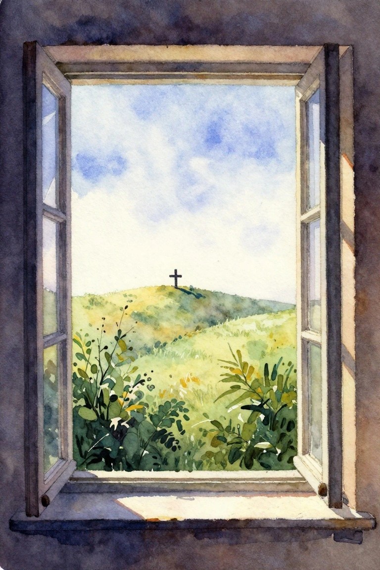 Open window framing lush green hills with distant cross under blue sky, watercolor