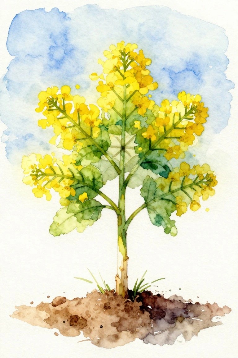Watercolor painting of yellow-flowered plant with green leaves in brown soil under blue sky