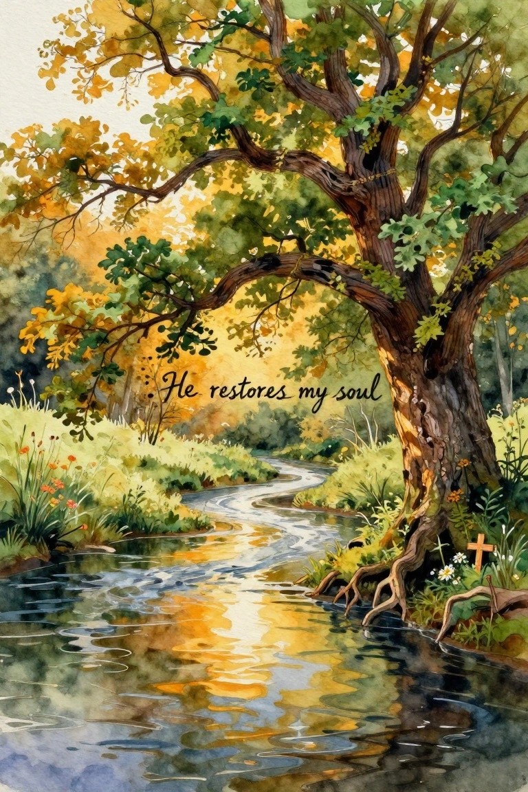 Watercolor landscape of autumn tree by winding golden stream with 