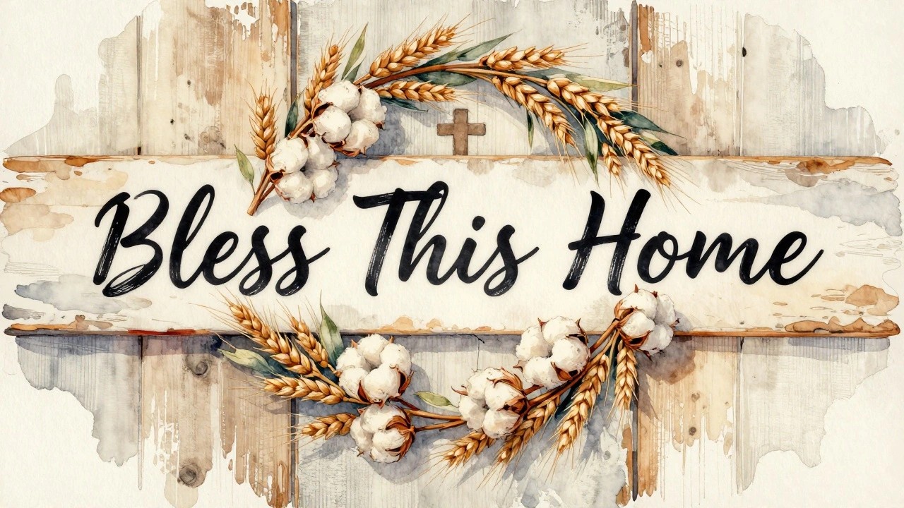 Framed watercolor artwork featuring cotton wheat wreath around "Bless This Home" text.