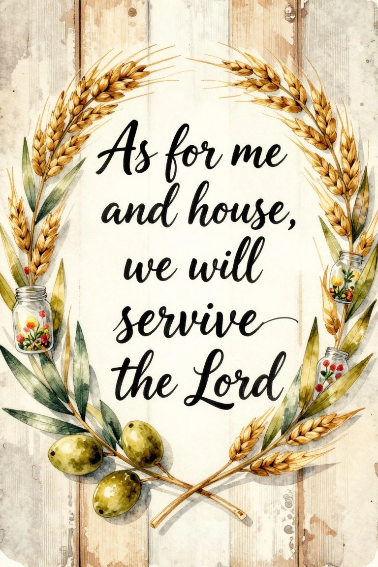 Wheat and olive wreath with floral jars encircling scripture on rustic wood background