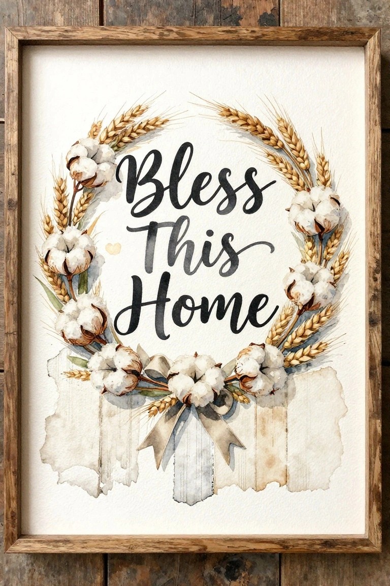 Framed watercolor artwork featuring cotton wheat wreath around 