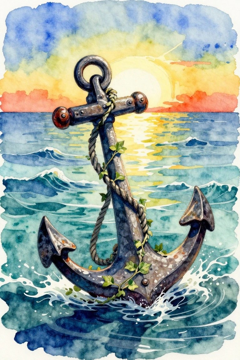 A watercolor-style painting of a large anchor with rope and green vines resting in ocean waves beneath a yellow and orange sunset sky.