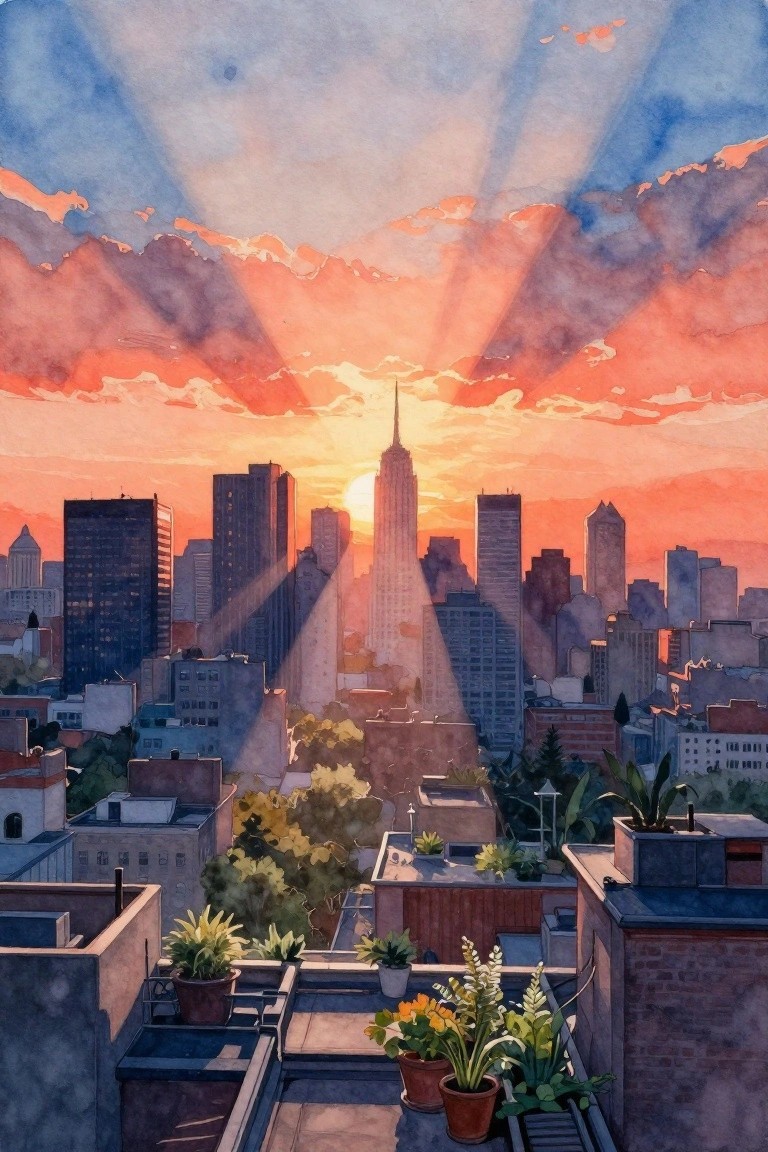 Watercolor sunset over NYC skyline with Empire State Building and rooftop plants