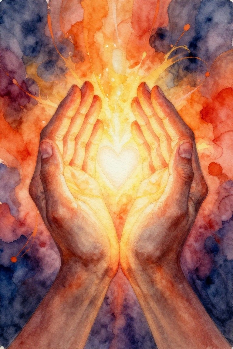 Hands cradling glowing heart amid vibrant orange-purple watercolor splashes