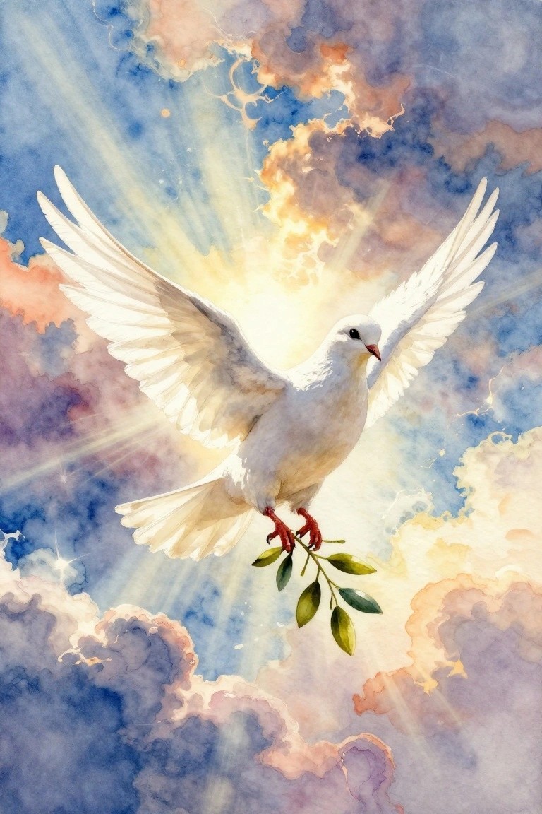 White dove soars with olive branch through radiant blue-orange watercolor clouds
