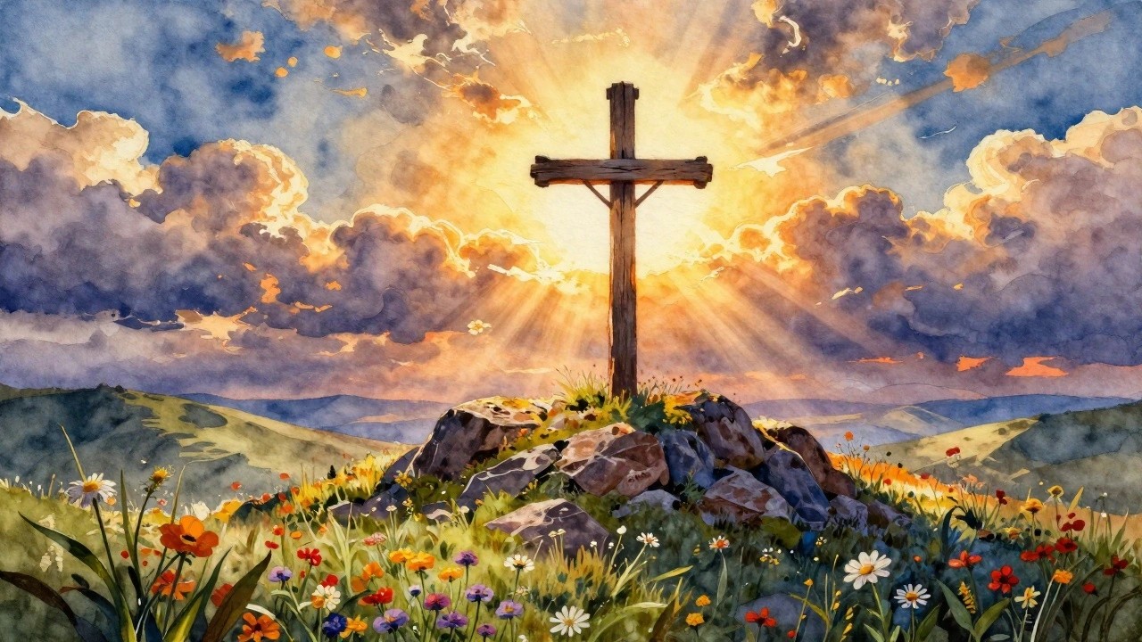 Wooden cross on rocky hill amid wildflowers under vibrant sunset with golden rays