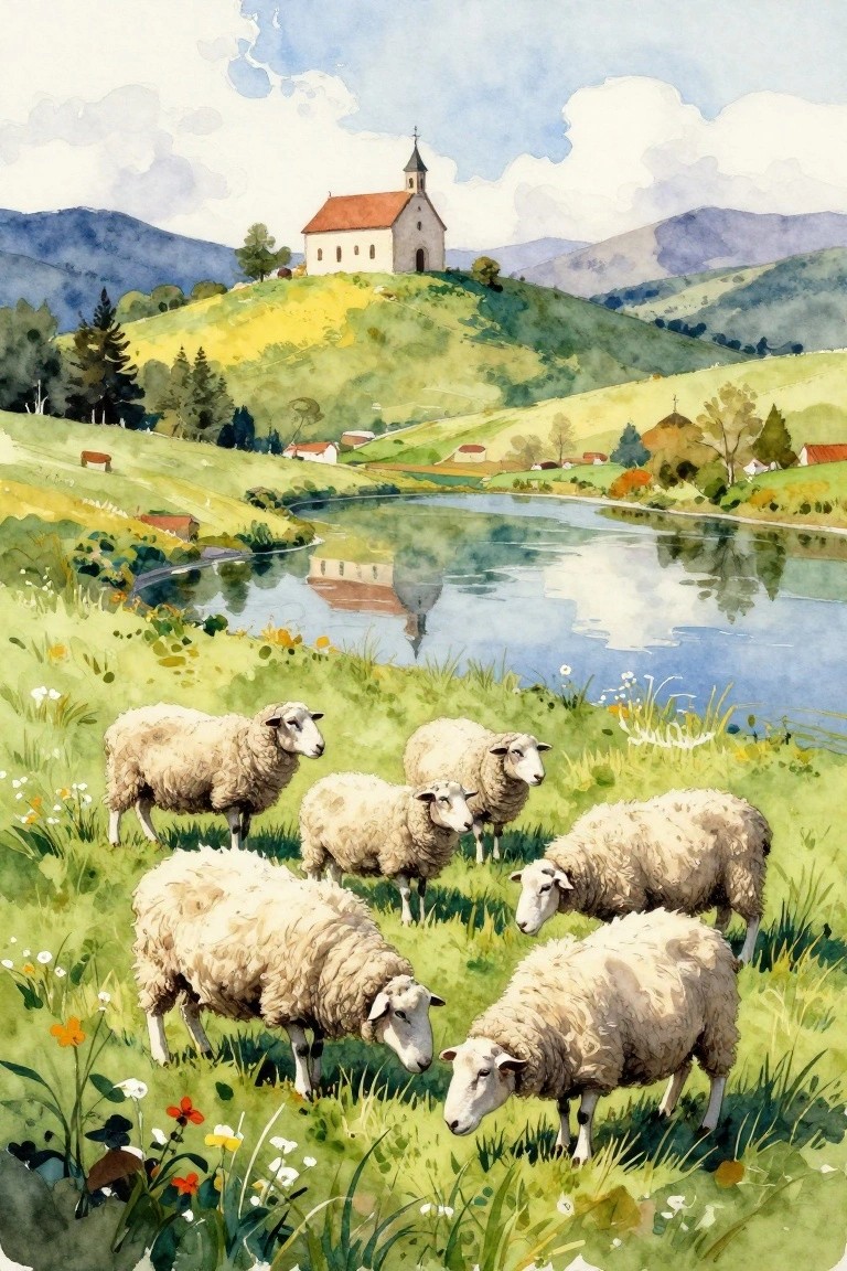Watercolor landscape showing several sheep grazing on a green hillside next to a lake, with a small church on a hill reflected in the water and mountains in the distance.