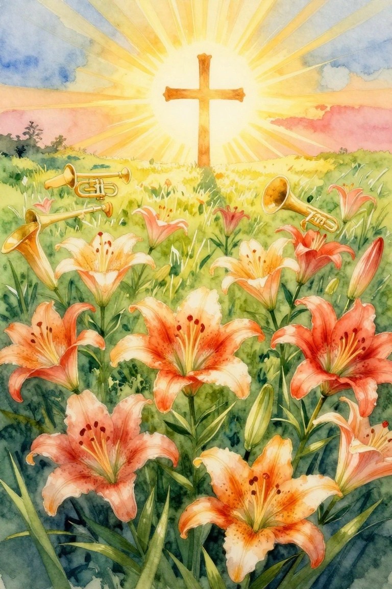 Watercolor field of orange lilies, golden trumpets, and cross beneath radiant sunrise.