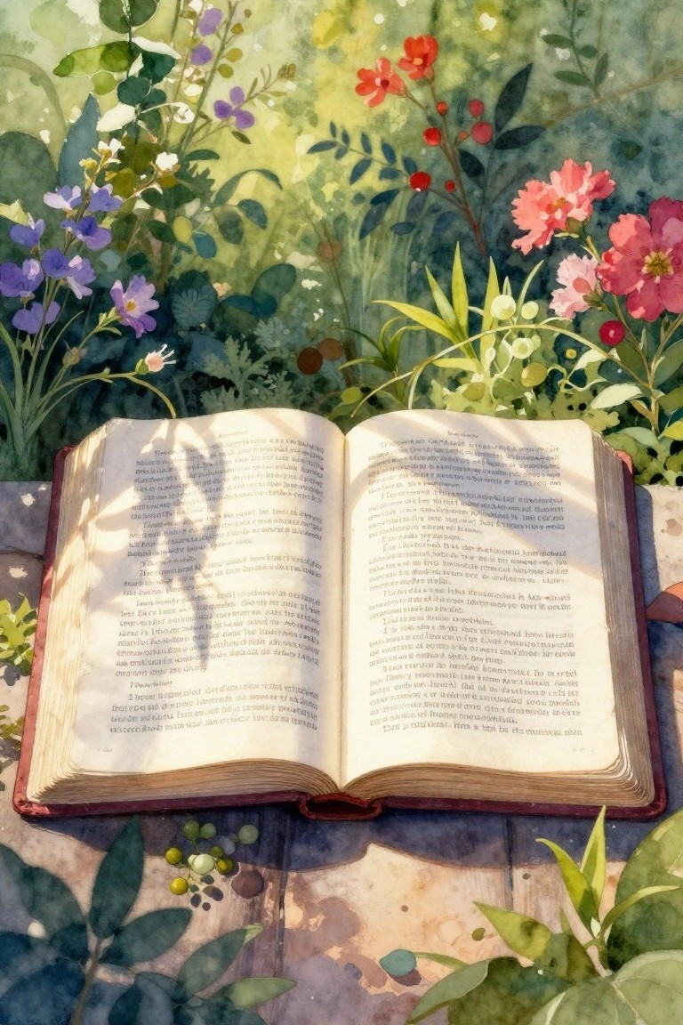 A watercolor painting of an open book surrounded by colorful flowers and green leaves.