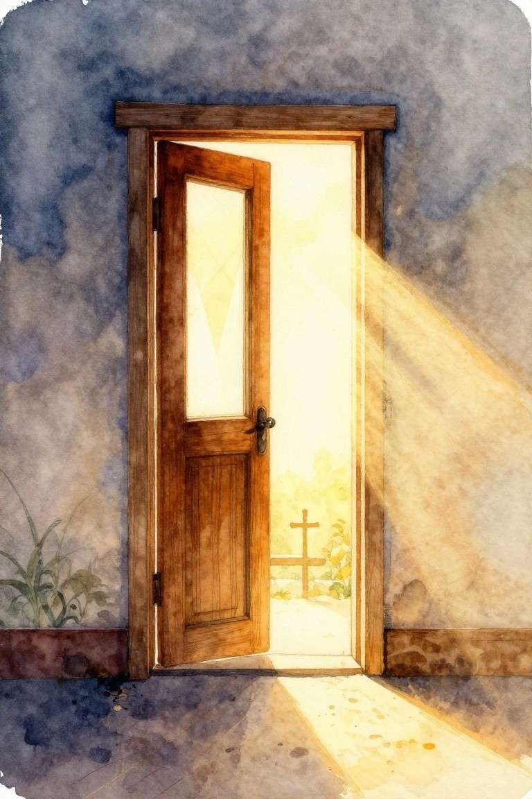 Open wooden door with sunlight rays revealing a distant cross in watercolor style.