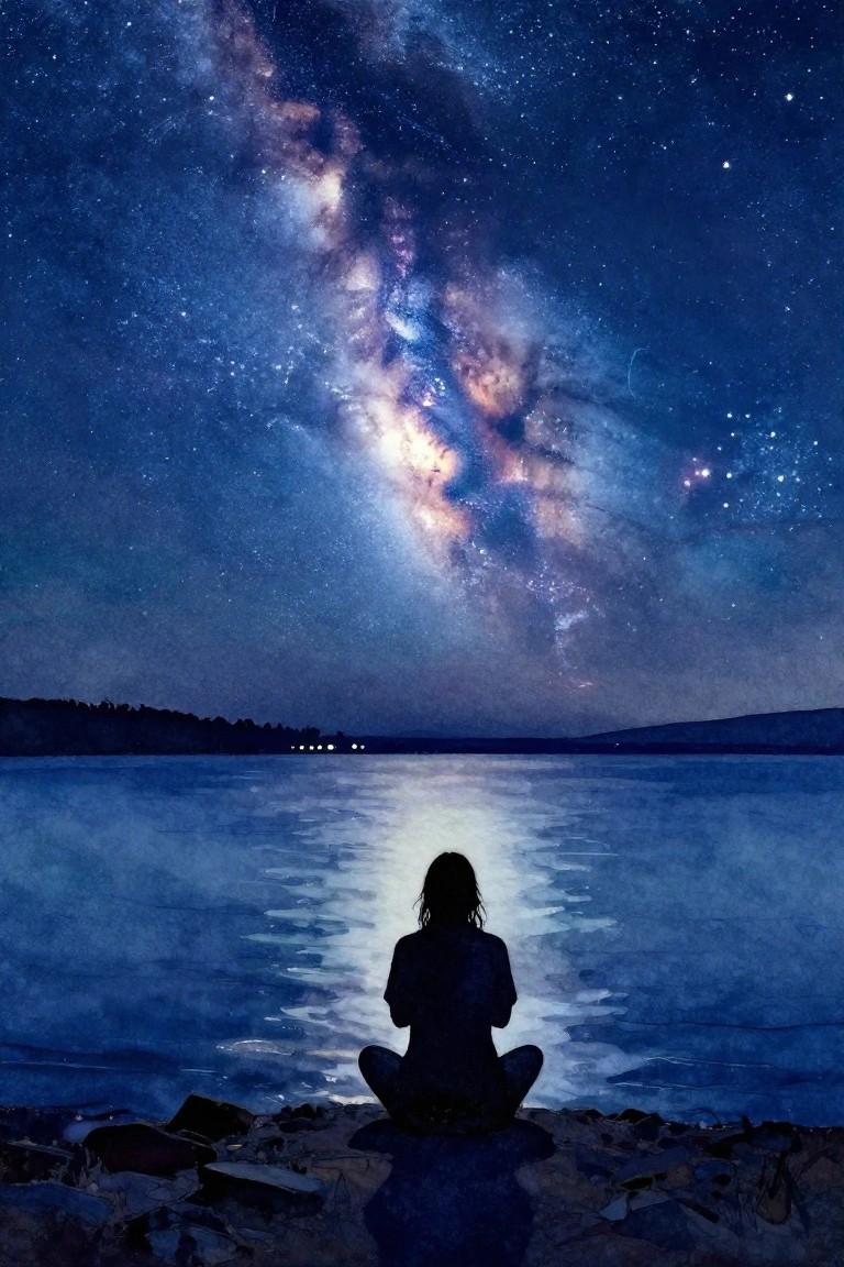Silhouetted figure sits cross-legged by lake under vibrant Milky Way sky
