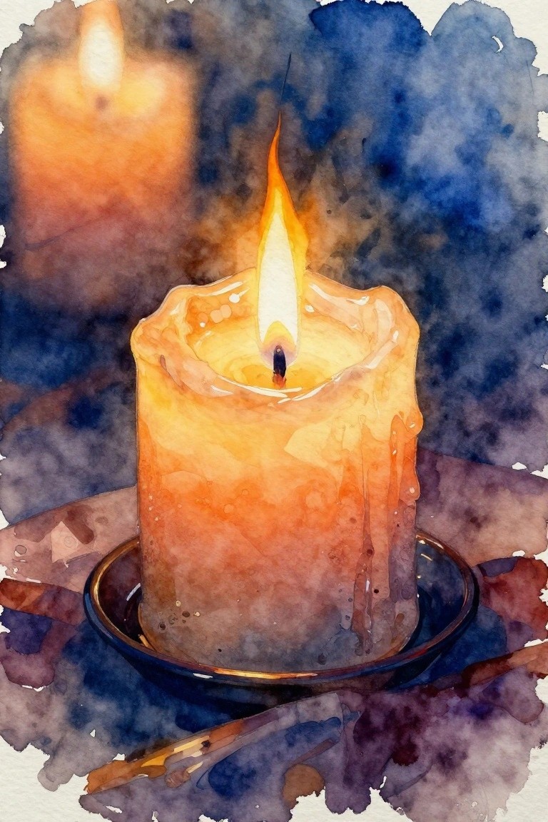 Watercolor of a lit melting candle with flame on dark plate, blue background