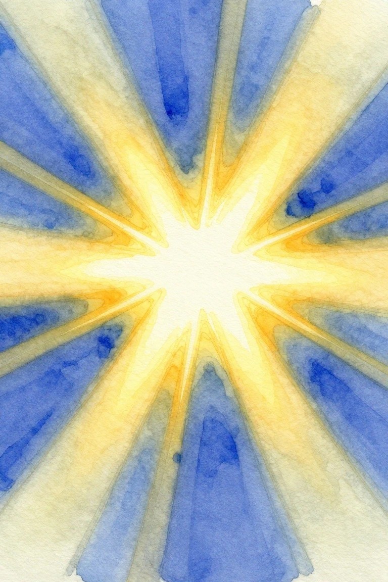 A watercolor painting shows a white starburst center with blue and yellow rays spreading outward on a light background.