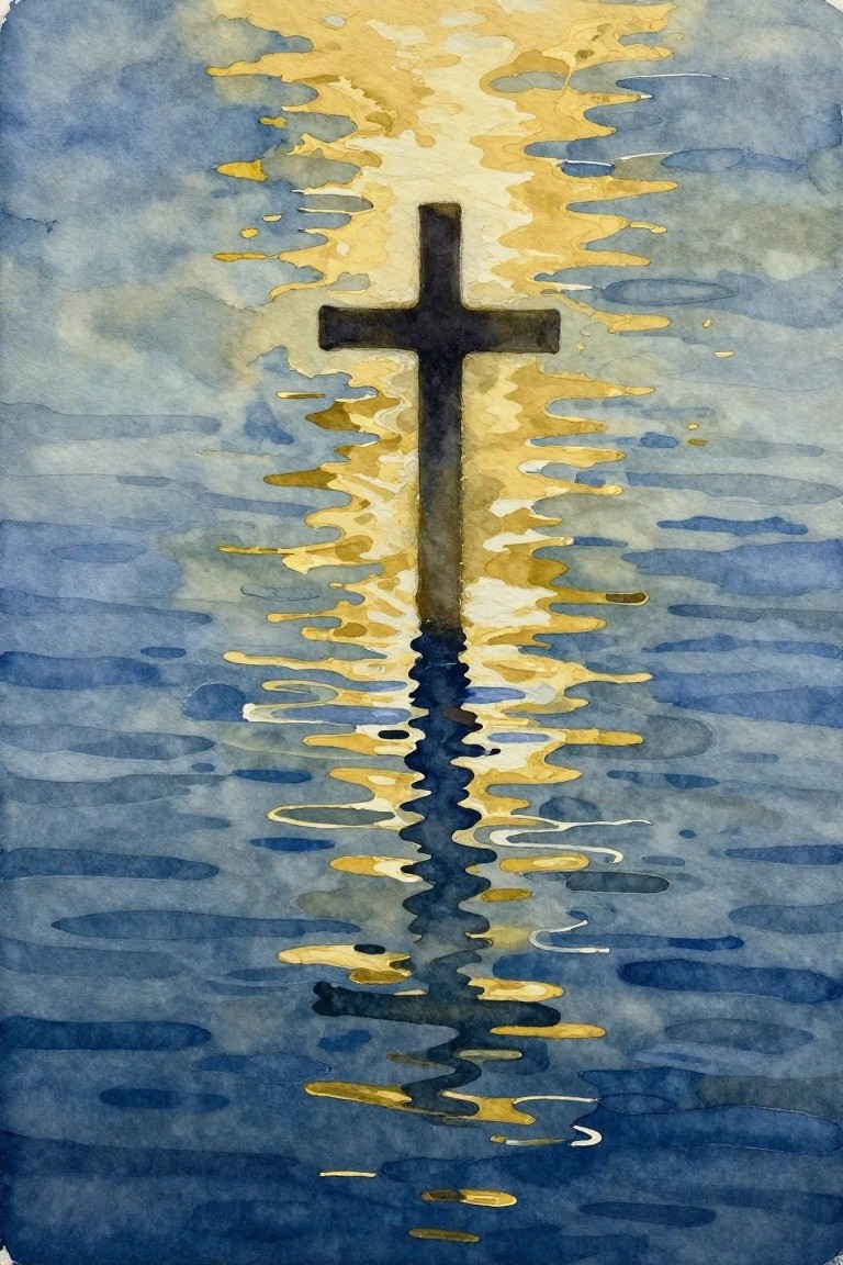 Watercolor of dark cross with golden reflection in rippling blue water.