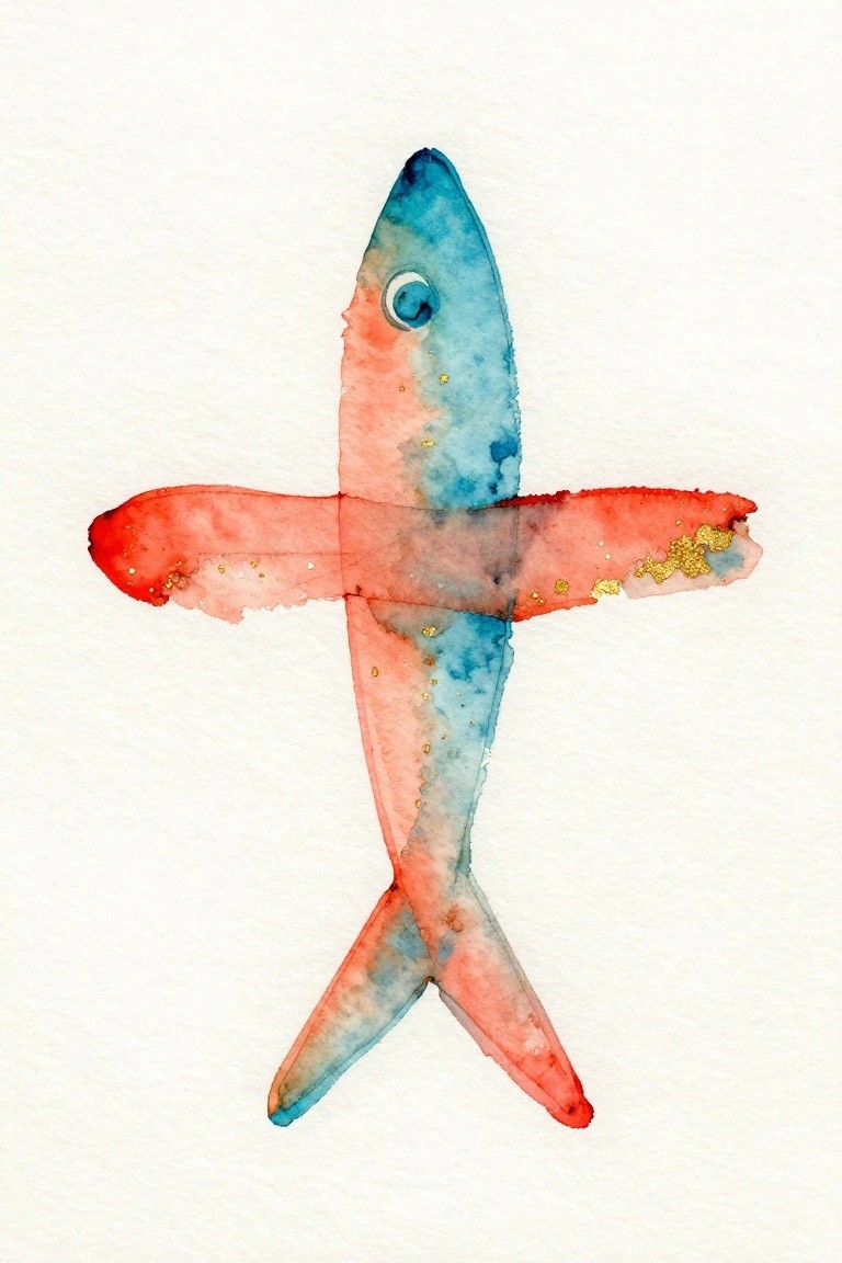 A watercolor painting of a fish with fins extended to form a cross shape, in shades of red and blue with gold specks on a white background.
