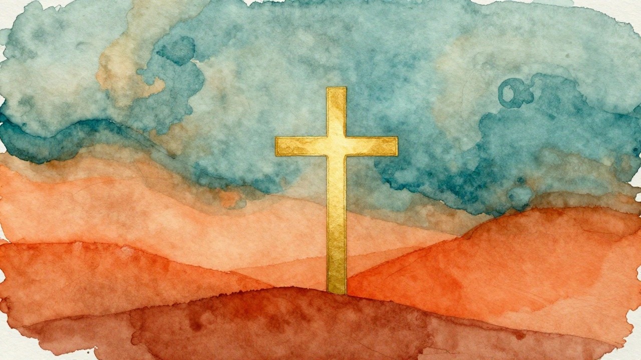 Golden cross centered on vibrant watercolor sunset with orange clouds and dark hills.