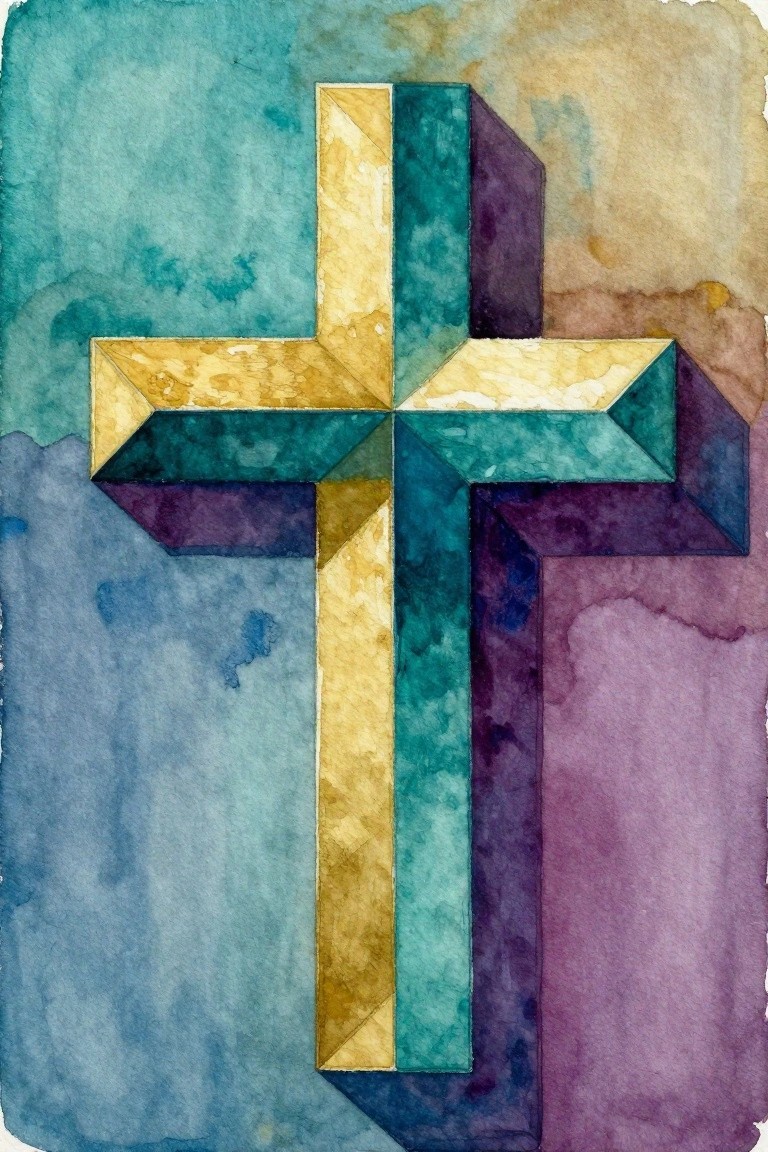 Vibrant watercolor cross with yellow, teal, and purple geometric blocks on abstract background
