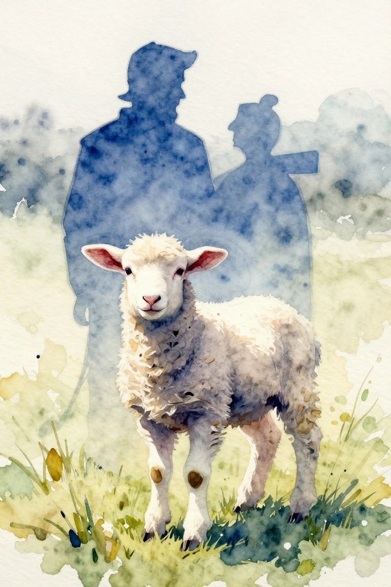 White lamb in grassy field with blue silhouettes of two people behind