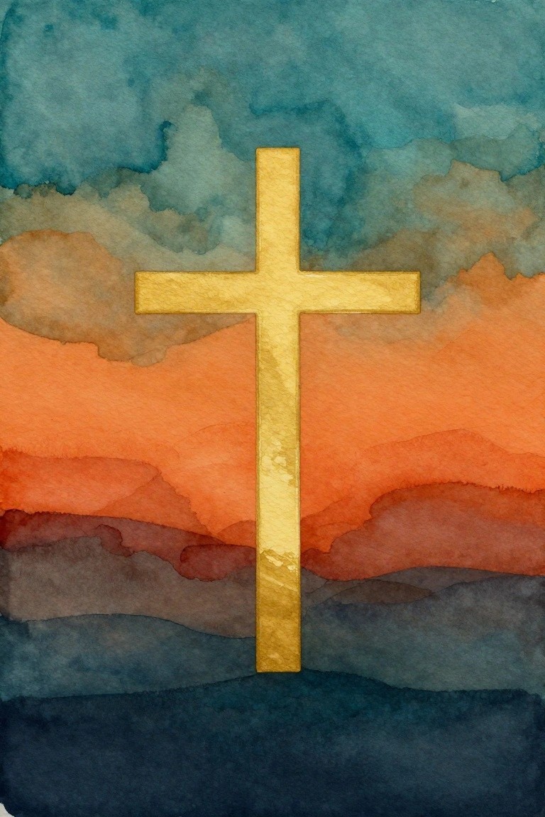 Golden cross centered on vibrant watercolor sunset with orange clouds and dark hills.