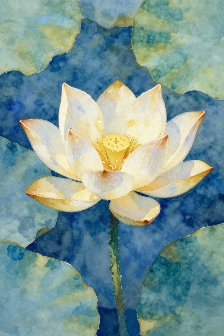Blooming white lotus with yellow center amid blue-green watercolor lily pads.