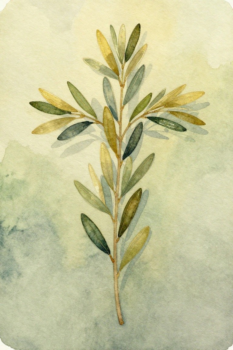 A watercolor olive branch with narrow leaves in green and gold tones on a soft textured background.