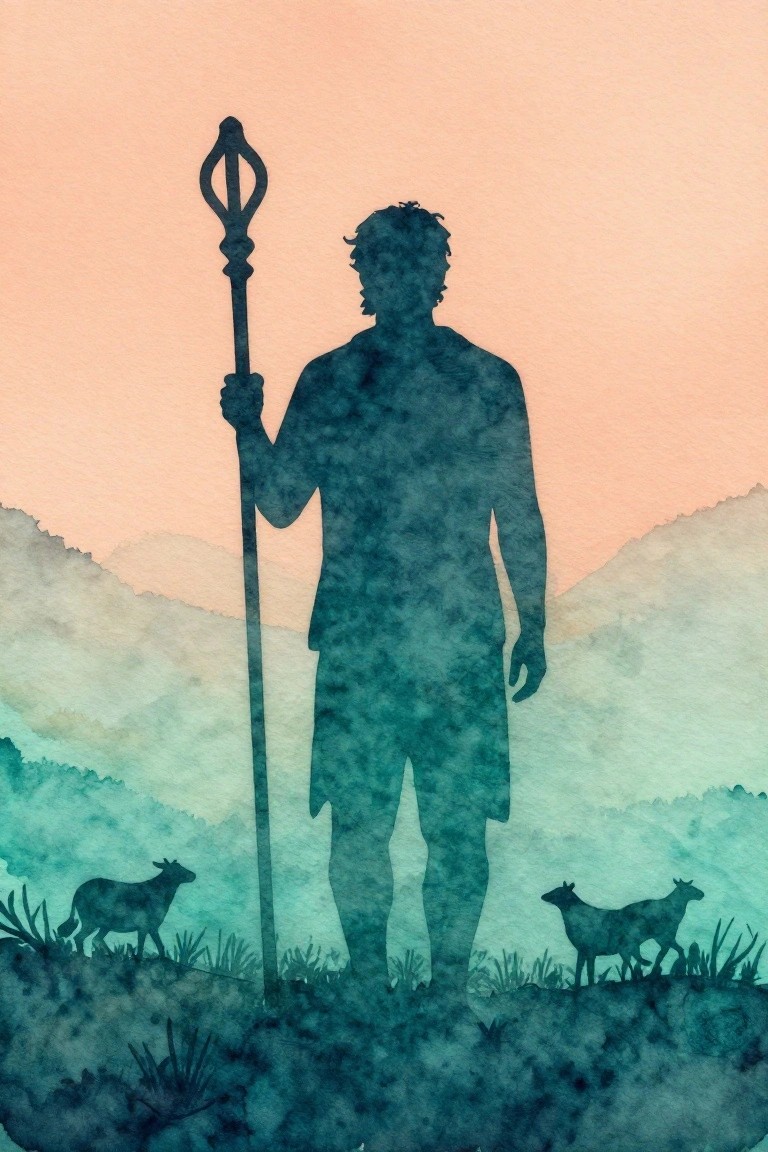 Silhouette of man in tunic holding staff beside goats against peach sky and green hills