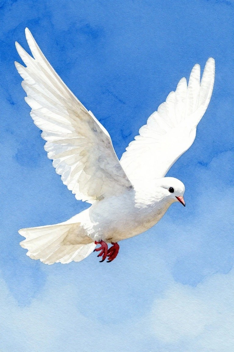 A white dove with red beak and feet flies with wings spread against a blue sky in a watercolor style painting.