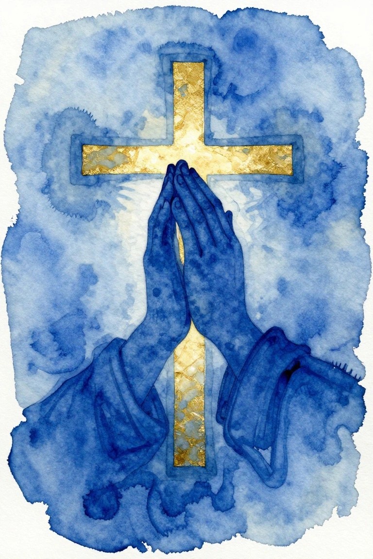 Blue watercolor praying hands in sleeves before a textured golden cross.