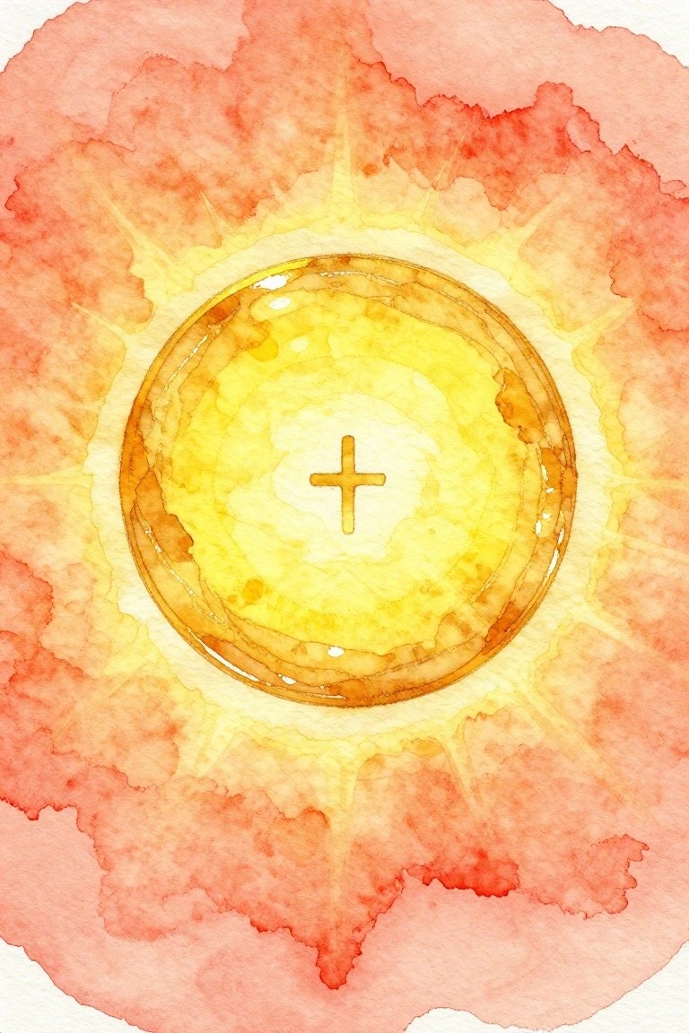 Watercolor of glowing yellow orb with cross amid red-orange rays and splashes.