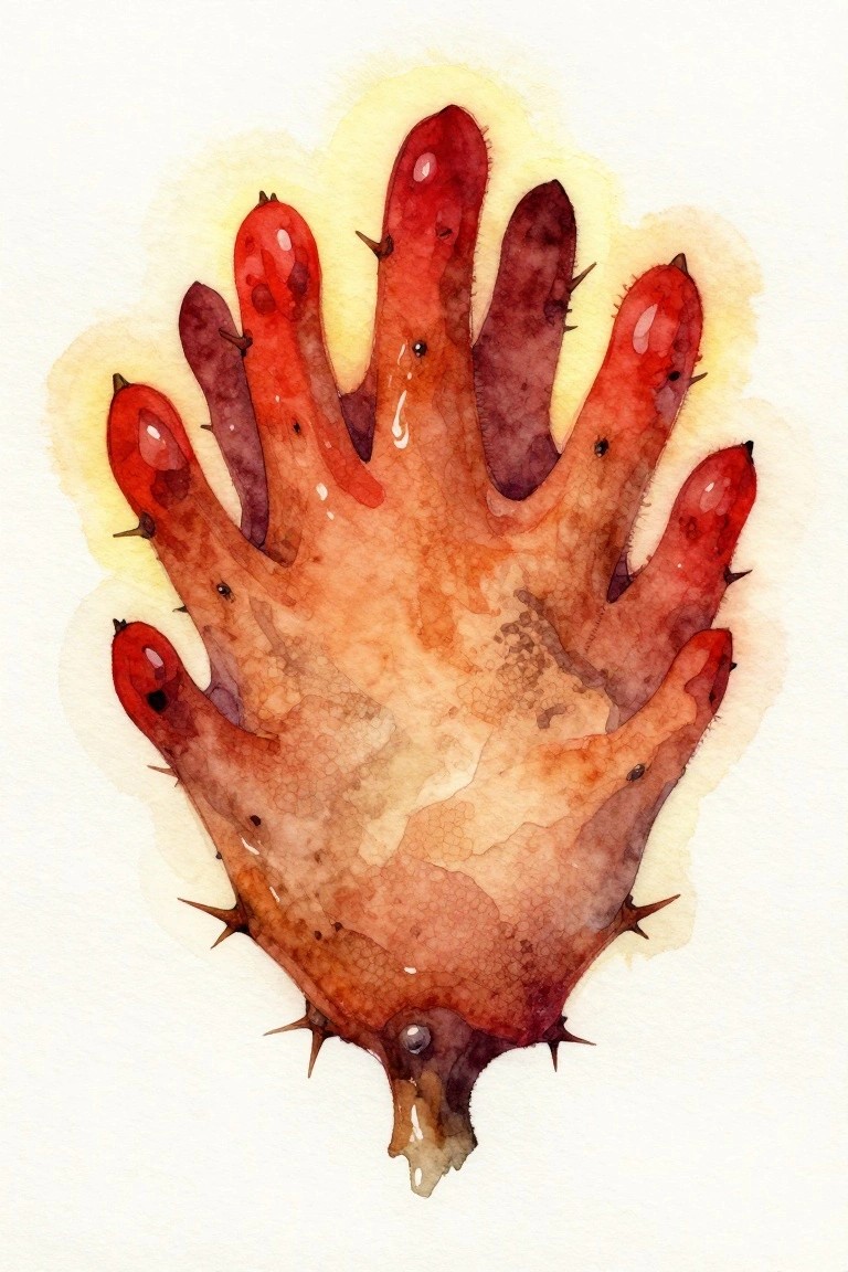 Watercolor of a spiky red-orange hand with yellow glow on white.