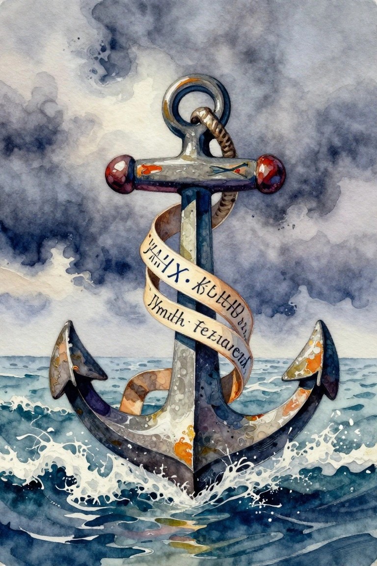 Watercolor anchor with inscribed ribbon amid stormy blue ocean waves and clouds