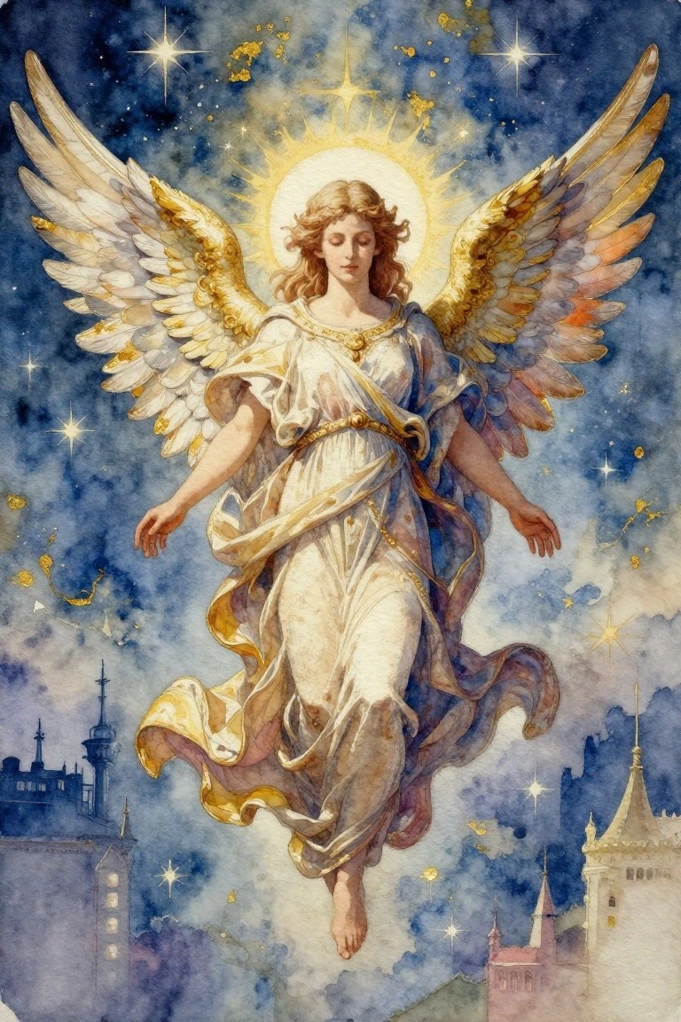 Golden-winged angel in flowing robes soars through starry night above castle towers.