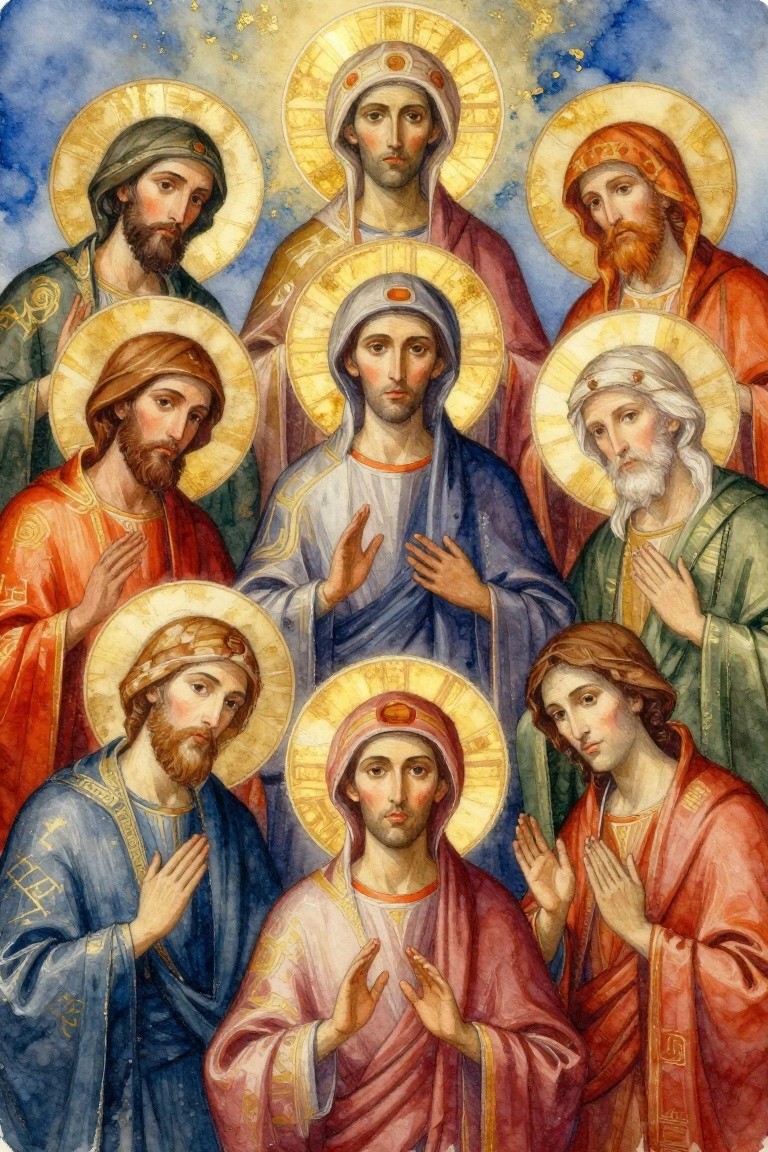 Eight haloed saints in ornate robes raise hands against blue-gold watercolor background.