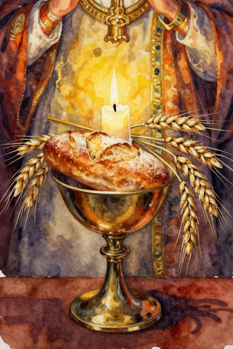 Ornate-robed priest above golden chalice with bread, wheat, and lit candle in watercolor