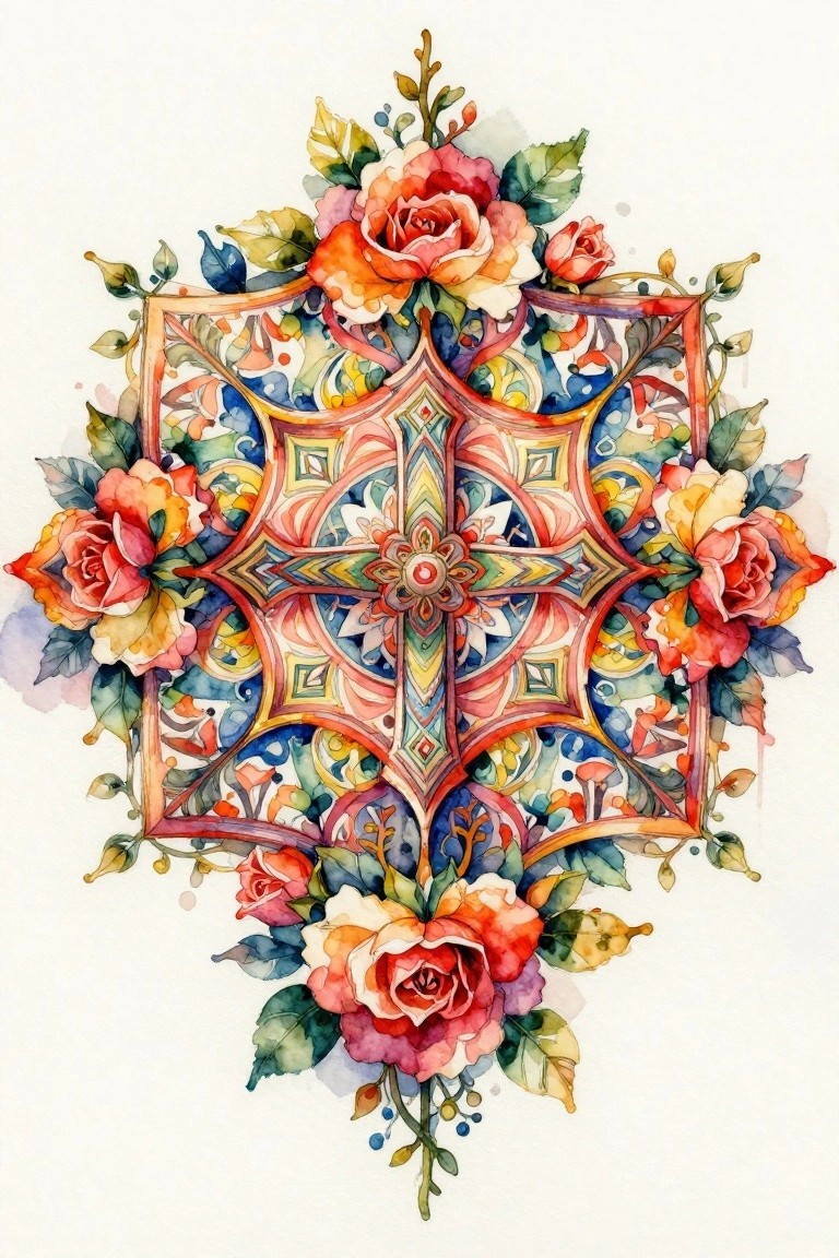 A vibrant watercolor mandala with a central cross, geometric patterns, and roses around the edges.