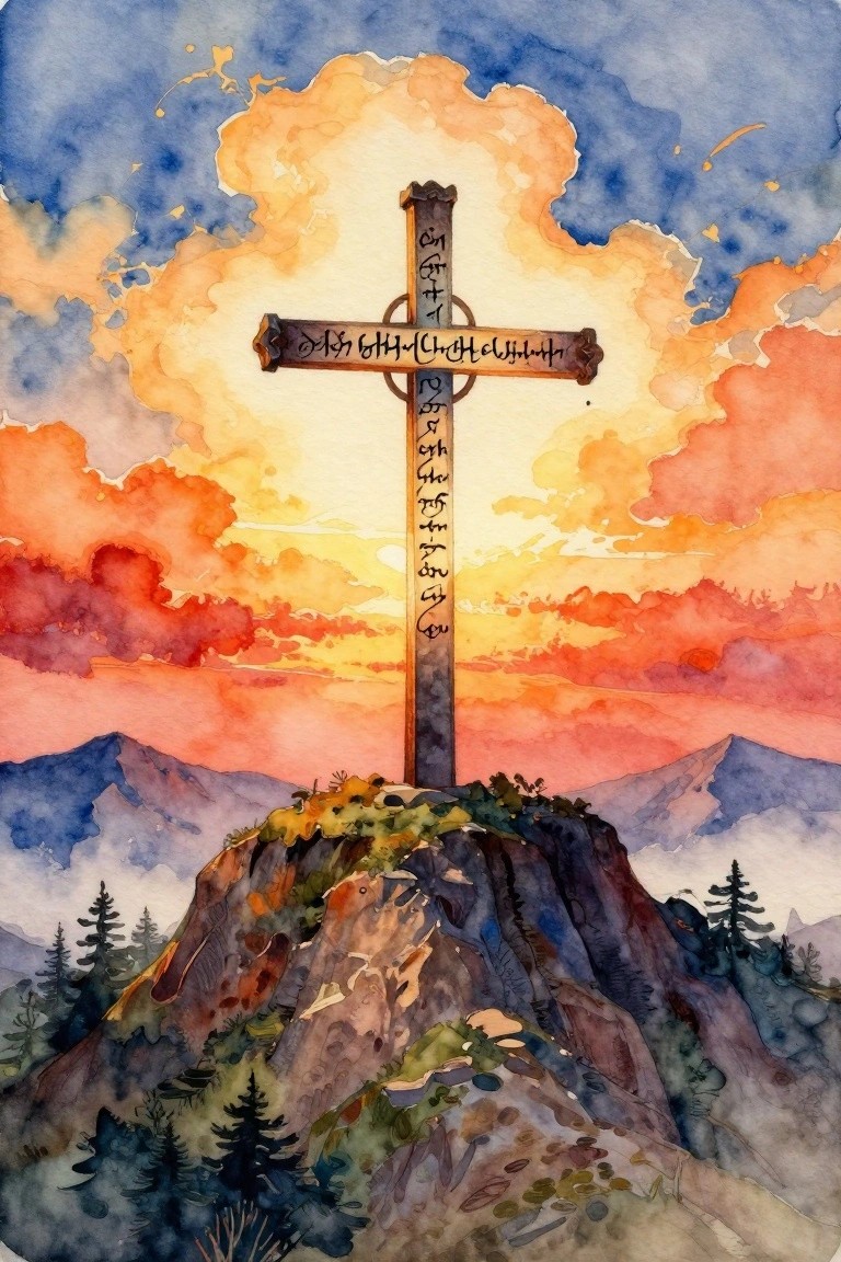 A watercolor painting of a large cross with text standing on a rocky mountain peak under a dramatic orange and blue sunset sky with clouds.