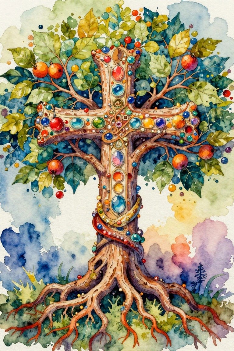 Watercolor cross-shaped tree adorned with colorful gems, fruits, leaves, and roots