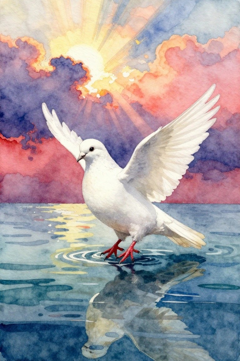 White dove with spread wings stands on rippling water under vibrant sunset sky.